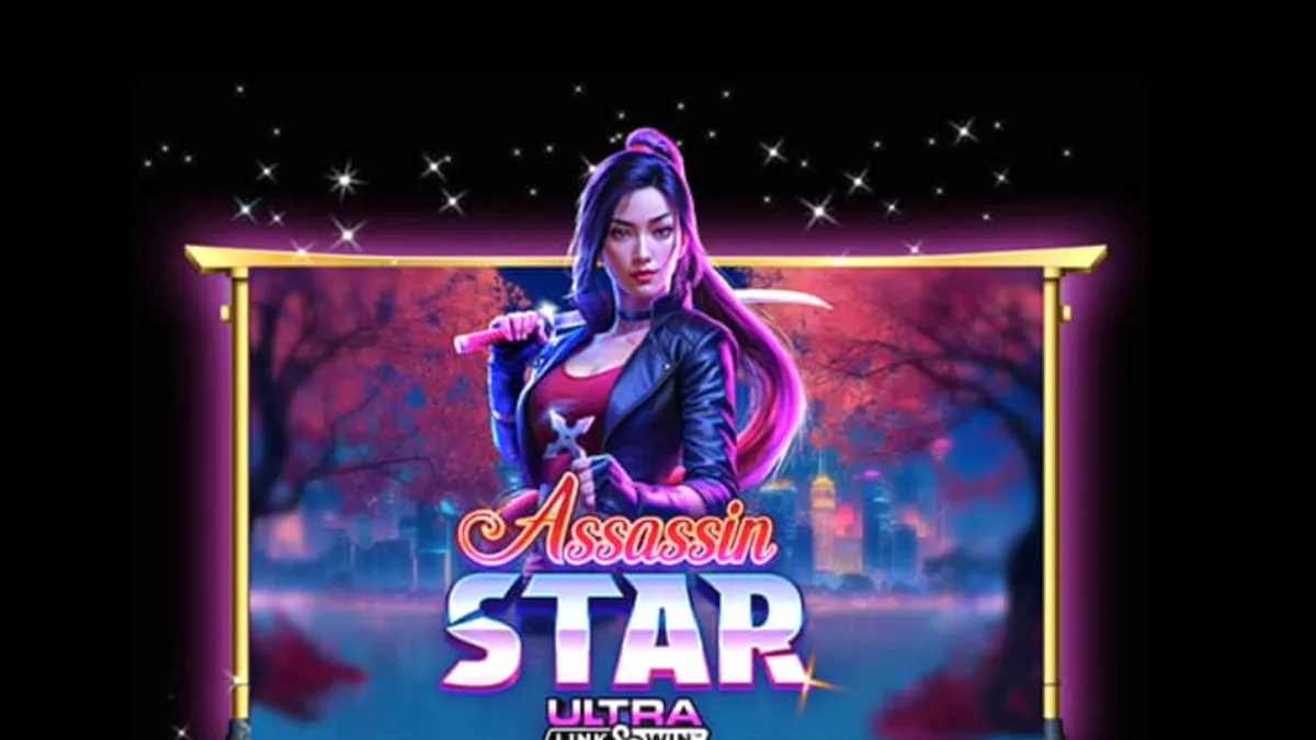Assassin Star slot neon city background with shuriken symbols