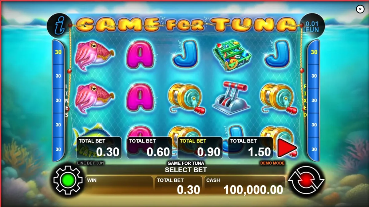 Tampilan visual slot Game For Tuna dengan latar belakang bawah laut yang jernih dan simbol bertema memancing.